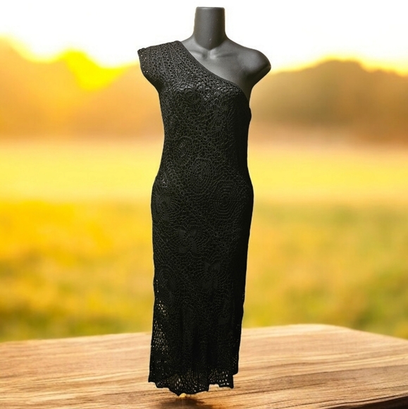 OPEN KNIT LAYERED ONE SHOULDER MIDI DRESS - Picture 3 of 5